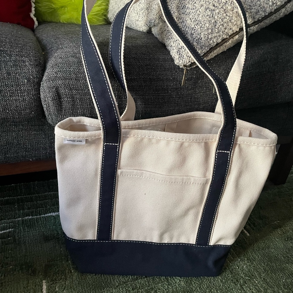 Lands' End Navy Canvas Medium Tote Bag with Long Handles.